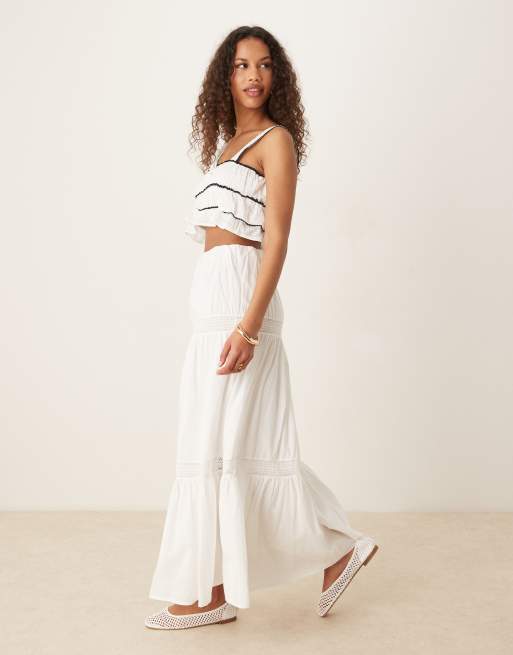 Gina Tricot tiered lace midi skirt in white