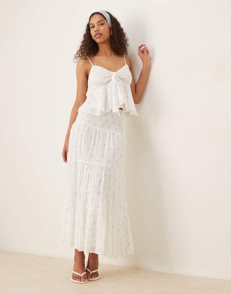 Gina Tricot tiered maxi skirt in white paisley print