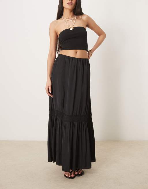 Gina Tricot tiered maxi skirt with lace insert in black