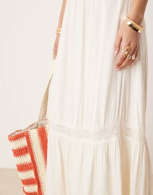 Gina Tricot tiered maxi skirt with lace insert in cream