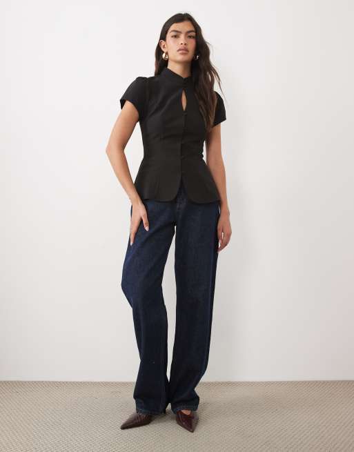 Gina Tricot top à col mao avec ouverture goutte d’eau noir, 2 de 4