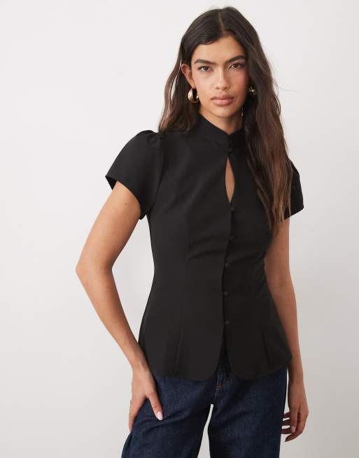 Gina Tricot top à col mao avec ouverture goutte d’eau noir, 3 de 4