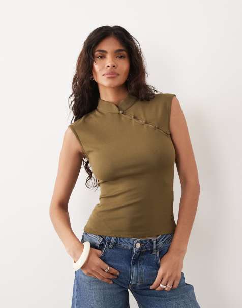 Gina Tricot - Top à col mao - Vert olive - view 1