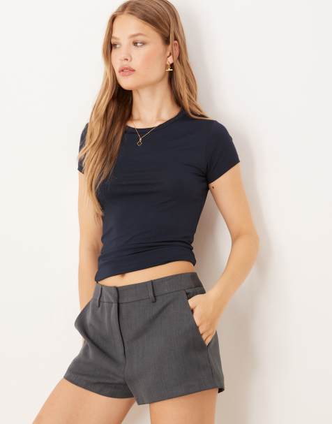 Gina Tricot - Top à manches courtes et col rond en jersey doux - Bleu marine - view 1