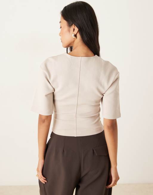 Gina Tricot - Top à manches courtes larges et taille cintrée - Beige clair, 4 de 4