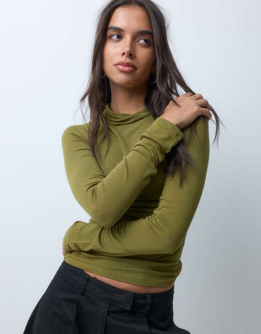 Gina Tricot top à manches longues et col cheminée vert olive, 4 de 5