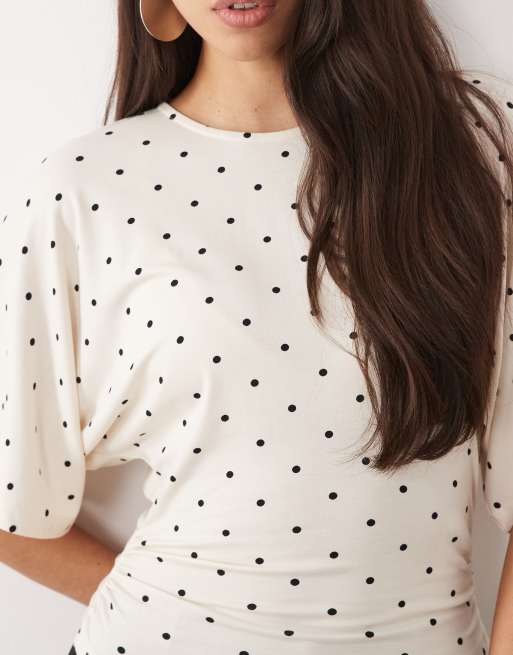 Gina Tricot - Top a maniche corte allacciato sul retro bianco a pois, 3 di 4