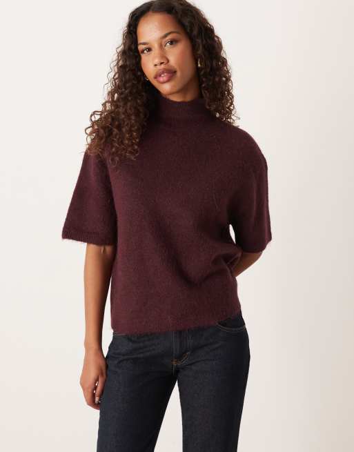 Gina Tricot - Top a maniche corte color vino scuro bordeaux in maglia di lana e lana d'alpaca con scollo a imbuto