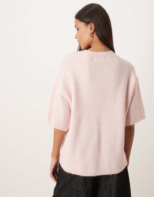 Gina Tricot - Top a maniche corte comodo rosa misto lana e alpaca, 4 di 4