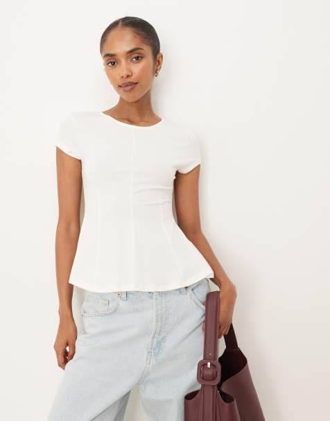 Gina Tricot - Top a maniche corte in jersey bianco con peplo - view 1
