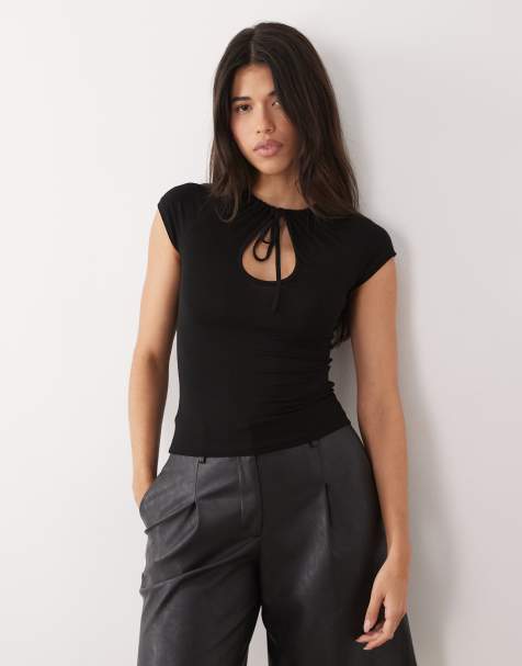 Gina Tricot - Top a maniche corte nero con apertura a goccia - view 1