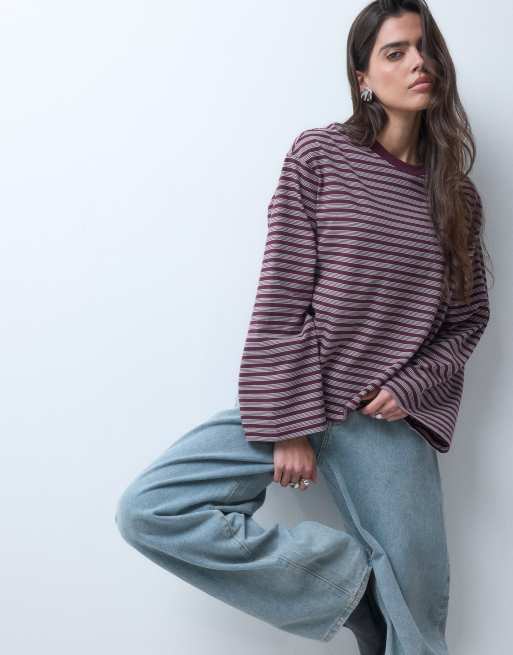 Gina Tricot top a maniche lunghe a righe bordeaux e rosa, 2 di 5