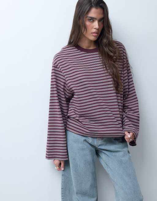 Gina Tricot top a maniche lunghe a righe bordeaux e rosa, 4 di 5