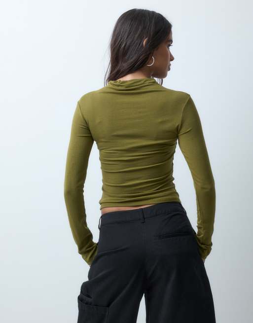 Gina Tricot top a maniche lunghe con collo a imbuto verde oliva, 3 di 5
