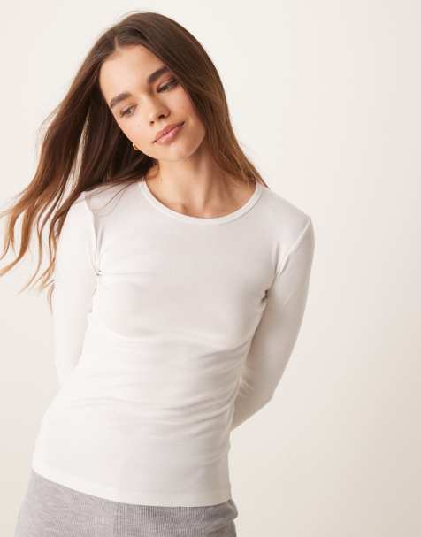 Gina Tricot - Top a maniche lunghe in jersey a coste bianco sporco con scollo rotondo - view 1