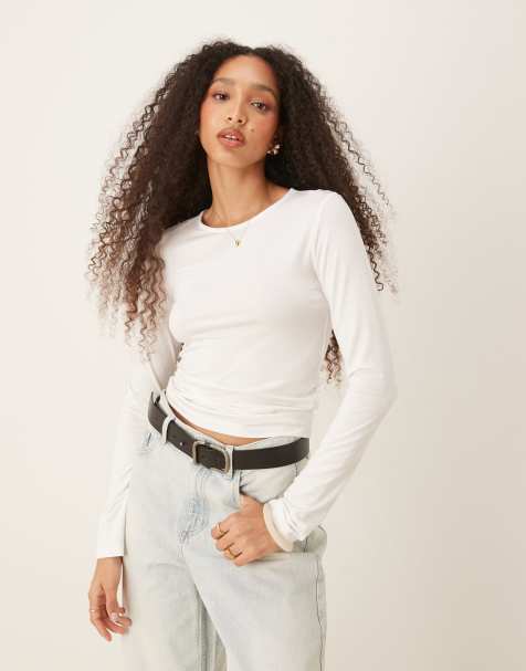 Gina Tricot - Top a maniche lunghe in jersey morbido bianco sporco con scollo rotondo - view 1