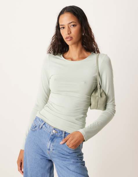 Gina Tricot - Top a maniche lunghe in jersey morbido verde chiaro con scollo rotondo - view 1