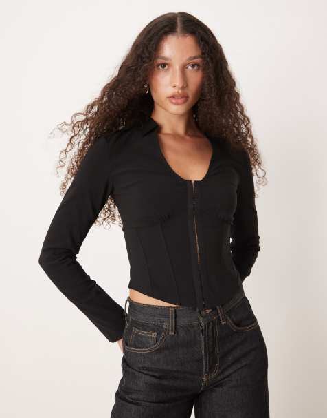 Gina Tricot - Top a maniche lunghe in stile corsetto con chiusura con gancetti nero - view 1