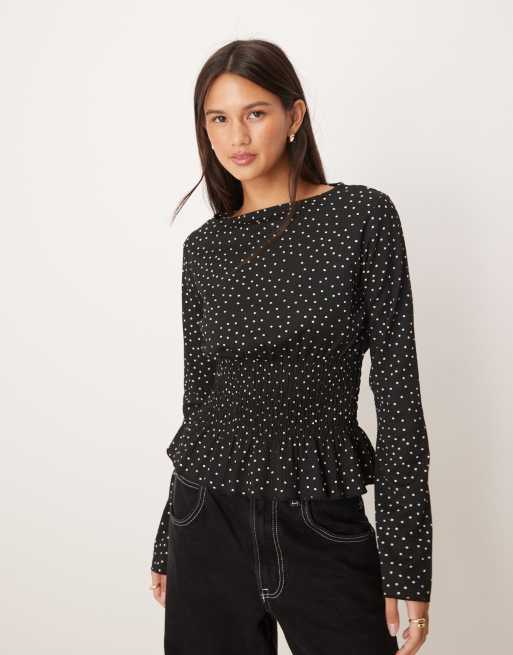 Gina Tricot - Top a maniche lunghe nero a pois a punto smock
