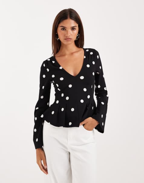 Gina Tricot - Top a maniche lunghe nero a pois con peplo - view 1