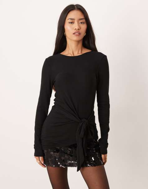 Gina Tricot - Top a maniche lunghe nero con allacciatura asimmetrica - view 1