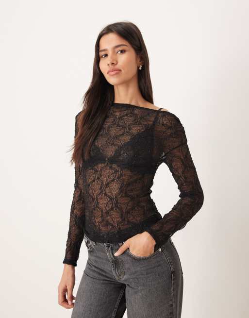 Gina Tricot - Top a maniche lunghe trasparente nero con paillettes a fiori