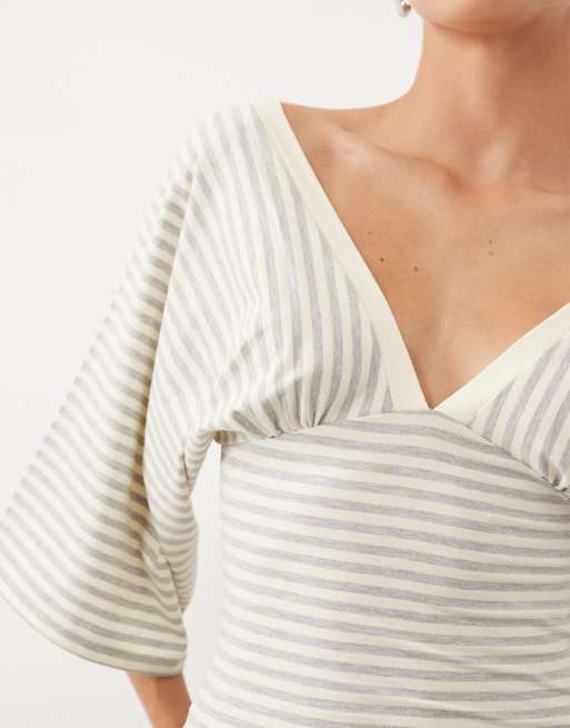 Gina Tricot top a righe gialle con scollo a V profondo e maniche ampie, 3 di 4