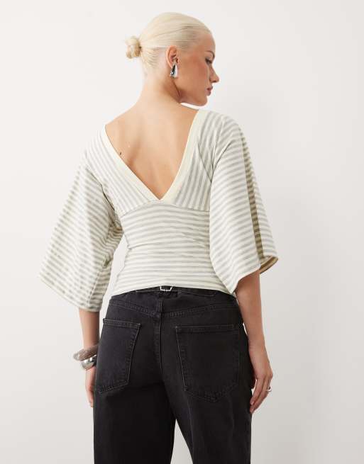 Gina Tricot top a righe gialle con scollo a V profondo e maniche ampie, 4 di 4