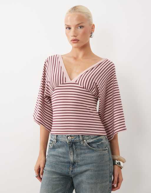 Gina tricot top a righe rosa con scollo a V profondo e maniche ampie, 2 di 4