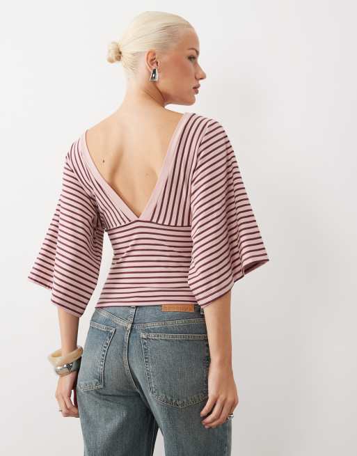 Gina tricot top a righe rosa con scollo a V profondo e maniche ampie, 4 di 4
