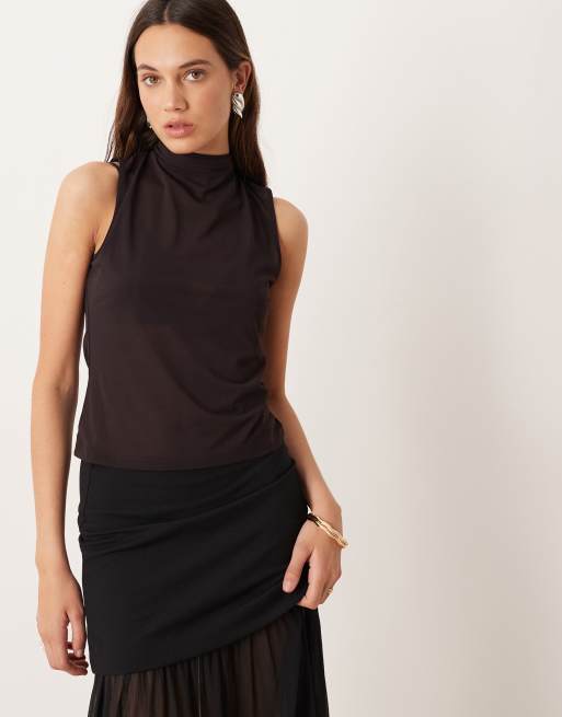 Gina Tricot - Top accollato con sciarpa allacciata sul retro marrone