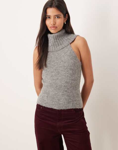 Gina Tricot - Top accollato senza maniche in maglia spessa color grigio medio mélange - view 1