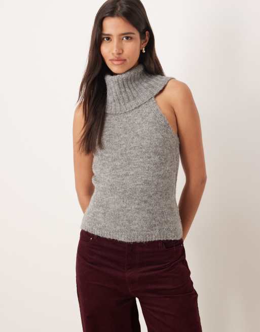 Gina Tricot - Top accollato senza maniche in maglia spessa color grigio medio mélange