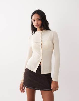 Top ajusté boutonné à col cheminée - Blanc cassé M