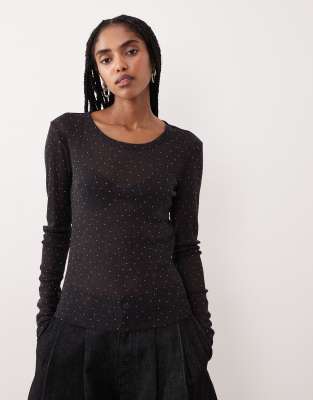 Top ajusté transparent à manches longues orné de strass - Noir XS