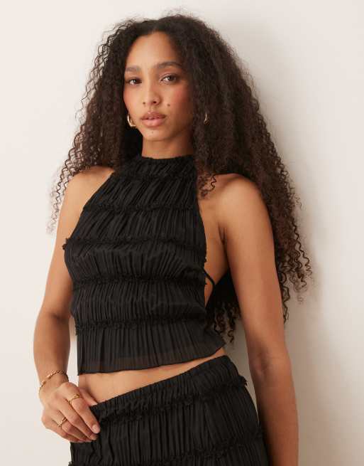 Gina Tricot - Top allacciato al collo a balze nero trasparente in coordinato