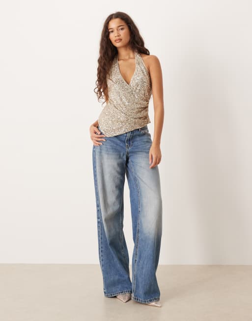 Gina Tricot - Top allacciato al collo dorato con paillettes, 2 di 4