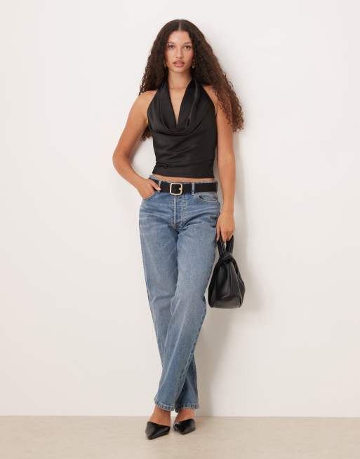 Gina Tricot - Top allacciato al collo e drappeggiato in raso nero, 2 di 4