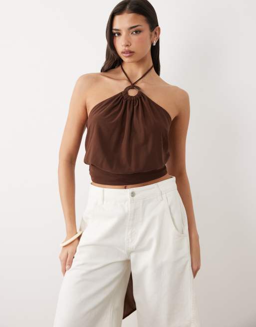 Gina Tricot - Top allacciato al collo marrone cioccolato scuro, 2 di 4
