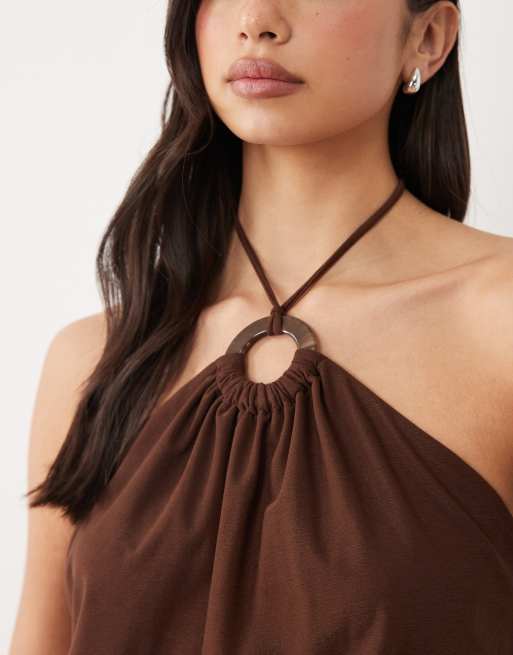 Gina Tricot - Top allacciato al collo marrone cioccolato scuro, 4 di 4