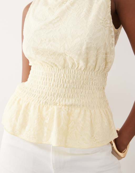 Gina Tricot - Top amarillo pastel fruncido de encaje, 3 de 4