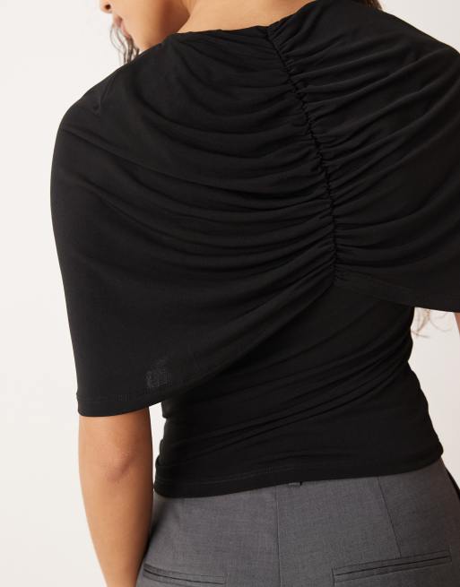 Gina Tricot - Top arricciato nero a maniche corte stile mantella, 2 di 4