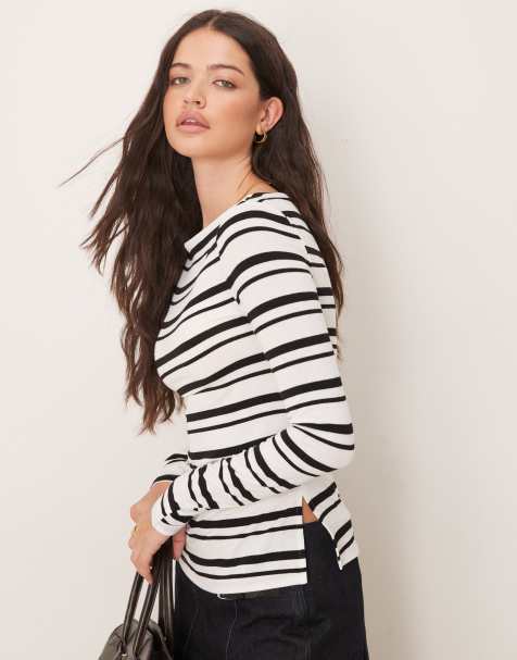 Gina Tricot - Top arricciato nero a righe con scollo a barchetta e spacchetti laterali - view 1
