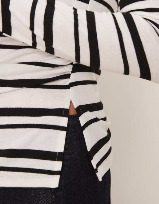 Gina Tricot - Top arricciato nero a righe con scollo a barchetta e spacchetti laterali, 2 di 4