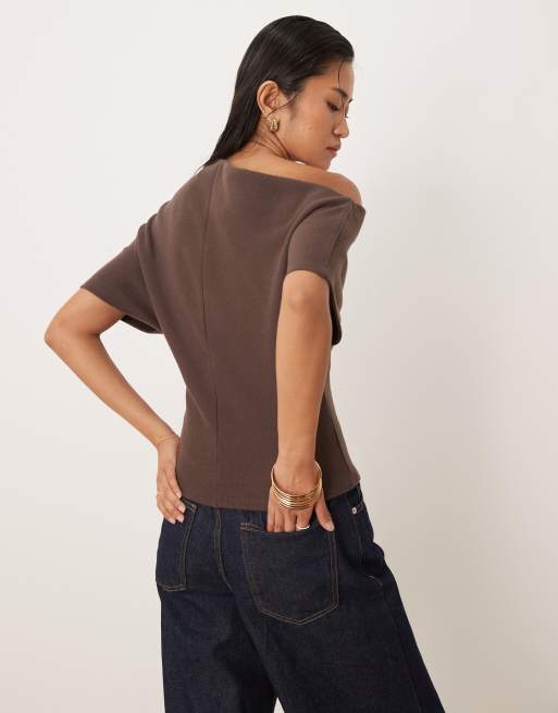 Gina Tricot - Top asimmetrico morbido marrone, 4 di 4