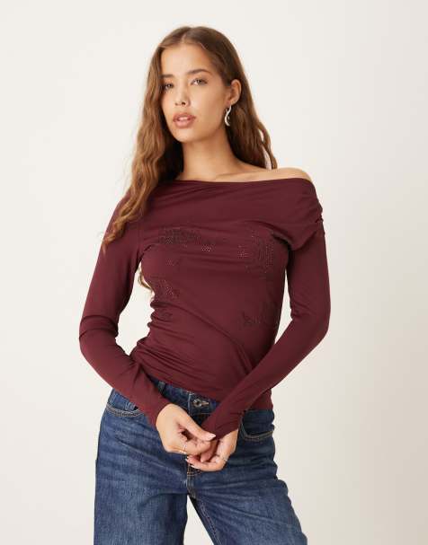 Gina Tricot - Top asymétrique avec fleurs en strass - Bordeaux - view 1