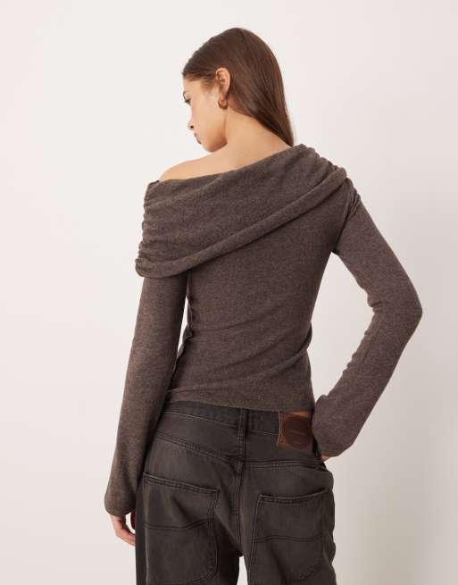 Gina Tricot - Top asymétrique drapé à manches longues - Marron chiné, 2 de 4