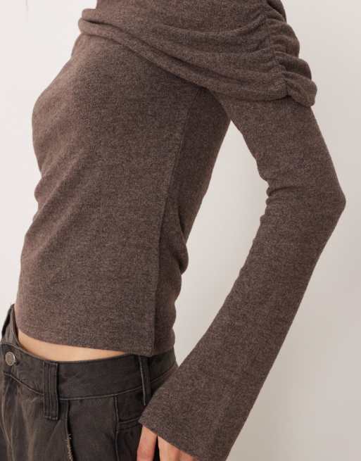 Gina Tricot - Top asymétrique drapé à manches longues - Marron chiné, 3 de 4