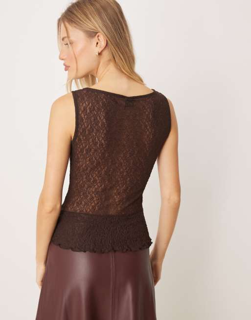 Gina Tricot - Top asymétrique en dentelle - Marron, 4 de 4