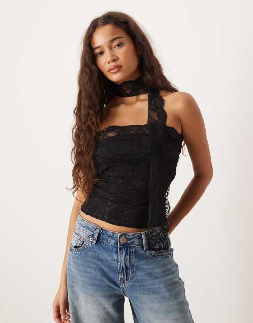 Gina Tricot - Top bandeau en dentelle avec détail foulard - Noir